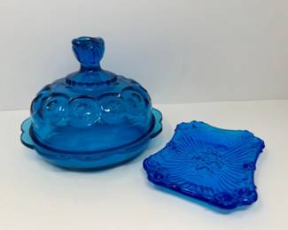 	Vtg Colonial Blue LE Smith Moon & Star Covered Dish + Fenton Cabbage Rose
