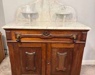 Victorian Eastlake Marble Top Wash Stand - Walnut & Walnut Burl
