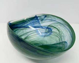 Murano Green & Blue Swirl Art Glass Pinched Bowl