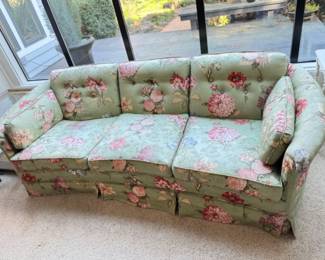 Vintage Sage Green w/Pink Floral Design Couch - Rounded Sides