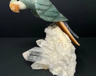 Vintage Intricately Carved Stone Parrot on Quartz Crystal Base