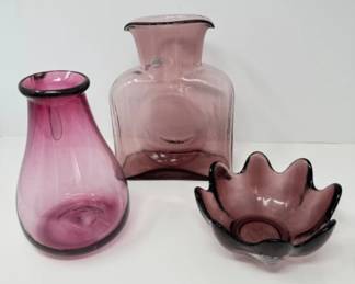 2000s Blenko Water Bottle & Lotus Petal Bowl - Dusty Rose or Orchid? +