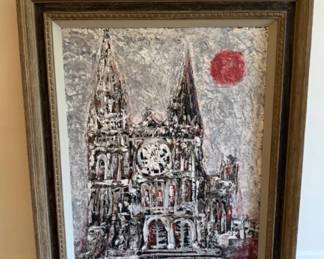 Vintage Red, White, & Black Original Cathedral Oil Painting - Signed