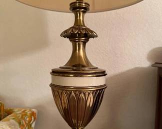 Vintage 1970s Neoclassical Brass & White Enamel Table Lamp Pair