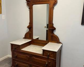	Victorian Eastlake Marble Top Dresser with Mirror - Walnut & Walnut Burl