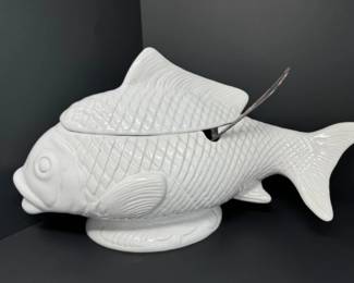 White Ceramic Fish Tureen w/Ladle - 22"L