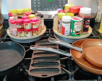 Cast iron skillet, cornbread pan, spices