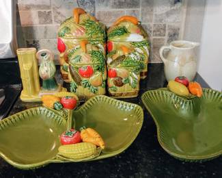 Vintage cannister set, entertainment dishes, Asian bud vase