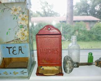 Vintage tea box, match holder, glass door knob