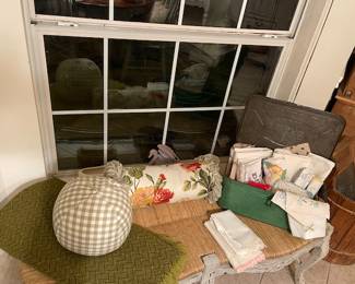 Lovely French styled bench seat, throw pillows, vintage linens
