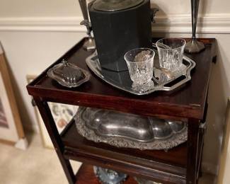 Tea cart on wheels and silver-plate items