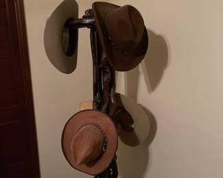Lovely wood hat/coat rack.  Solid wood.  And those hats are AWESOME!