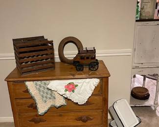 Solid wood chest of drawers, enamel coated pans, check out the egg crate  and the hat form