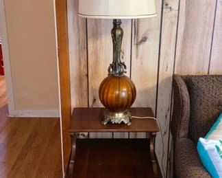 (1 of 2) Amber Glass Globe Lamps & Solid Wood End Tables