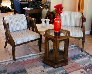 Set of 2 matching armchairs and table and display case with glass shelving 