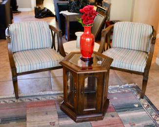 Mid-century modern side chairs and hexagon glass and wood display cabinet/side table