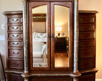 Victorian wood mirrored dresser with 15 drawers and cabinet 