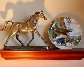 Wall shelf and gold horse sculpture 