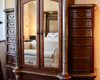 Victorian wood mirrored dresser with 15 drawers and cabinet 