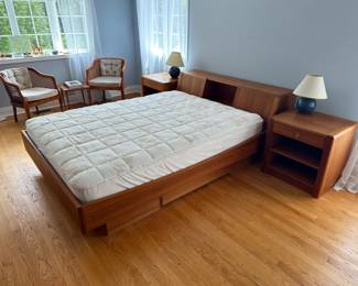 SOLD. Vintage Mid-Century Modern Queen Size Teak 'Captain' Storage Platform Bed and Pair of Nightstands by D-Scan