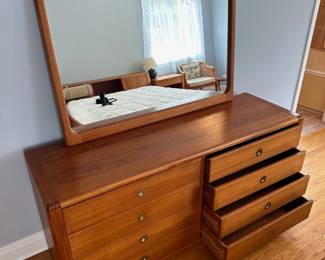 BUY IT NOW: $800 Vintage Mid-Century Modern Mirror and 8-Drawer Lowboy Teak Dresser by D-Scan. Dimensions: 29.5"H x 61"W x 19.5"D.