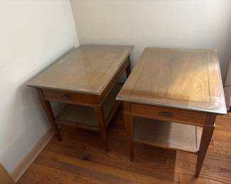 Pair of vintage solid oak Kunzelmann Esser end tables  with glass tops 