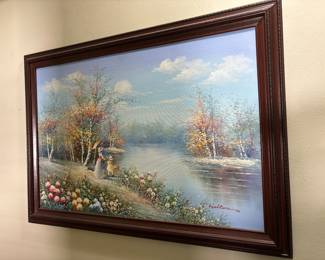 Wood framed landscape oil painting
Artist signature illigible
41 x 29 