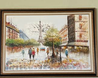 Vintage wood and matted  Parisian street scene oil painting
Signature illegible 
41x29