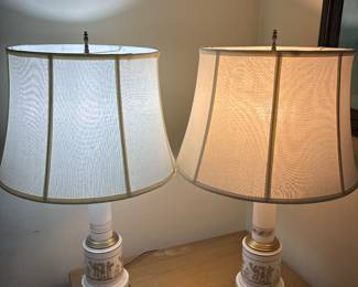 Pair of gorgeous porcelain and brass vintage Greek Revival lamps