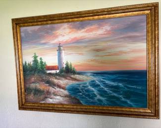 Vintage Wood framed oil lighthouse & sea oil painting
Artist: M. Farley
42 x 29