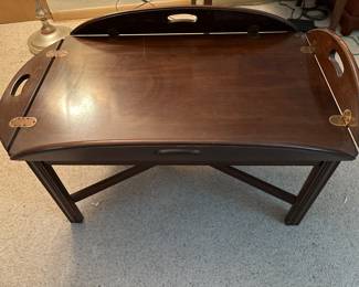 Vintage wood coffee table
4 drop down sides
Brass hardware 
41 x 30 x 17
