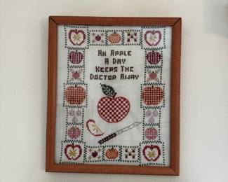 Framed  "An Apple A Day"  Country Kitchen Farmhouse Cross Stitch