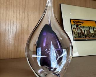 Purple, Clear & White Art Glass Teardrop Paperweight by Adam Jablonski