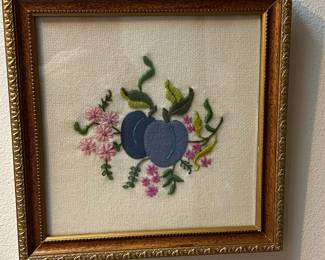 Plum and Flowers Embroidery with Gold Tone Frame