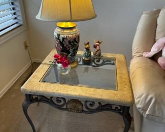 Brass & Ceramic Floral Table Lamp, Black Iron and Faux Stone/Glass Top Side Table

