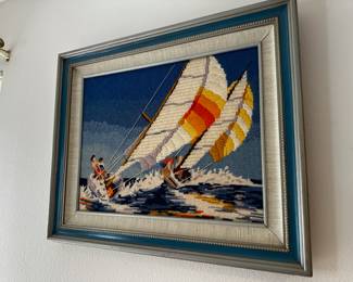 Framed 1980 "Art of Sailing" Crossstitch and Crewel