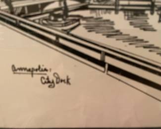 RAMED SKETCH DRAWING OF ANNAPOLIS, MARYLAND DOCK BY TONY DESALES.