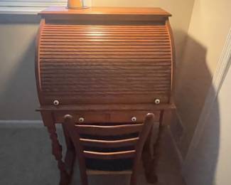 Vintage Oak Roll Top Writing Desk with chair.
