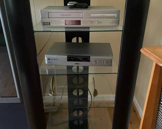 Audio and video rack with stereo equipment.
