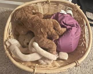 Stuffed animals and baskets.