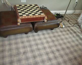 Pair of leather stools - game tops - chess board