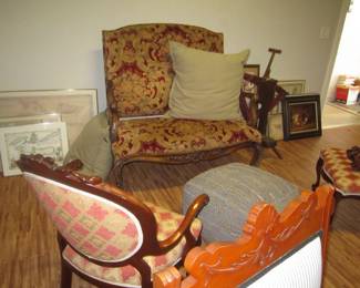 Beautifully upholstered antique chairs and settee