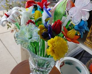Large bouquet of long stem Murano art glass flowers.