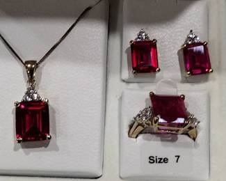 Gold over Sterling lab created Ruby. and white sapphire Three piece set.