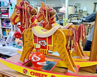 Vintage Kansas City Chiefs collectibles.  2011 Chief's Cheerleaders autographed rocking horse, very cool!!  1969 Kansas City Chiefs  McCormick  Limited Edition bourbon bottle