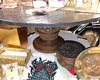Black marble top table w/wagon wheel base