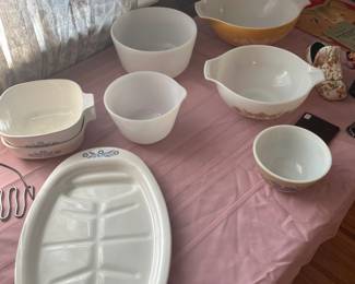 Pyrex dishes and corning ware dishes.
