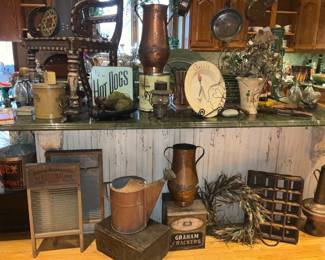 Antiques,  primitives,  copper pots, copper urns. Antique tins, glass washboard,  collectibles, 