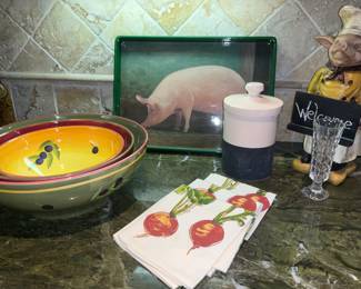 Laurie Gates bowls, dish towels. Pig decor,  new kitchen towels 