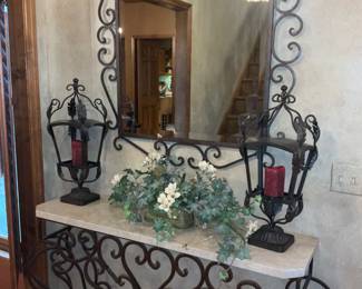 Wrought Iron , Marble topped console.  Matching mirror 